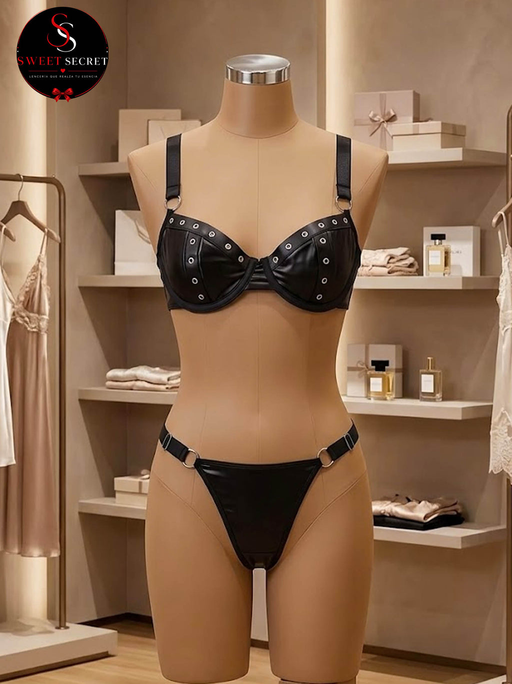 Conjunto de lencería con diseño de ojales hueco y detalles metálicos