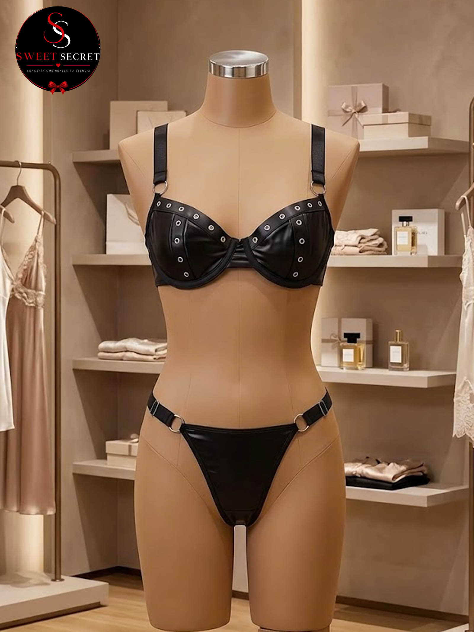 Conjunto de lencería con diseño de ojales hueco y detalles metálicos